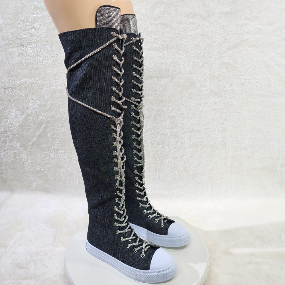 Knee High Canvas Sneakers with Rhinestone Laces